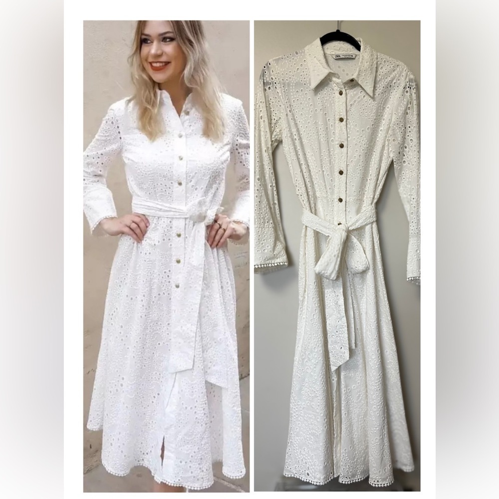 Zara embroidered perforated eyelet  A-Line cotton Shirt Dress with long sleeves
